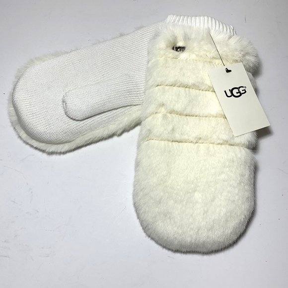 UGG All Over Faux Fur Quilted Mittens Ivory Size Large / X-Large NEW - Picture 2 of 5